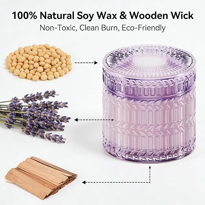 Hidden Label Lavender Scented Candle with Crackling Wooden Wick, 7.4 oz Soy Wax Jar Candle for Bedroom, Bathroom, Spa & Yoga, 55 Hour Small Candle Gift for Women