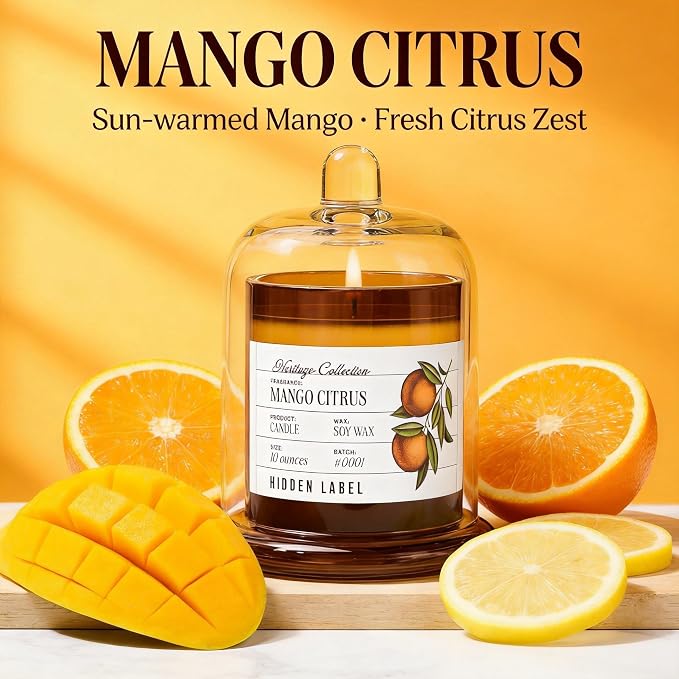 Hidden Label Mango Citrus Scented Candle - 10oz Non Toxic Candles for Home Scented with Clear Bell Jar, Natural Soy Wax Clean Burning Aromatherapy Candle for Spa/Yoga/Meditation & Stress Relief Gifts