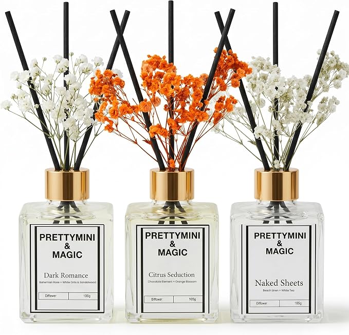 PRETTYMINI & MAGIC Reed Diffuser Set – Bohemian Rose + Beach Linen & Orange Blossom Home Fragrance, Long-Lasting Reed Diffusers for Home Fragrance with Sticks for Bedroom, Bathroom & Shelf Décor 3pk