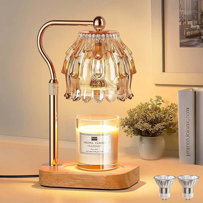 Candle Warmer Lamp with Timer Dimmer, Modern Wax Warmer for Scented Wax Jar Candle Warmer with 2 Bulbs, Adjustable Height Glass Lamp for Gifts for Women, Home Decor, Gold Amber