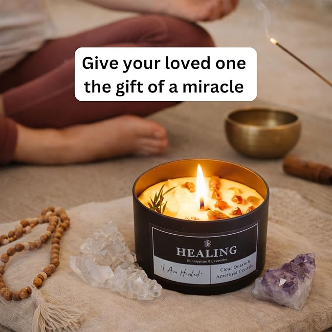 Healing Crystals Candle for Meditation & Room Decor, 8oz, Aromatherapy Candle with Clear Quartz and Amethyst, Eucalyptus & Lavender Essential Oil Scented Candles, Non Toxic Candles for Stress Relief