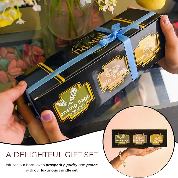 Cleansing Sage, Palo Santo, Money Wealth - Soy Candles Non Toxic - Highly Scented Long Lasting with Essential Oils - Variety Pack of 3 x 5oz - for Home Aromatherapy Meditation Gift Travel