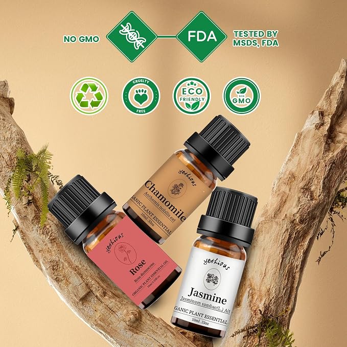 yethious Rose Jasmine Chamomile Essential Oil Set Organic 100% Pure Aromatherapy Oil for Diffuser, Soap, Candle Making 3 X 10ML