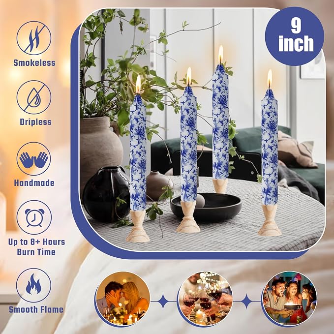 Long Blue and White Taper Candles 9 Inch Handmade Porcelain Style Wide Taper Candles Smokeless Unscented Clean Burning for Housewarming Gift New Home Entryway Cozy Hygge Bohemian Style Tall Decor