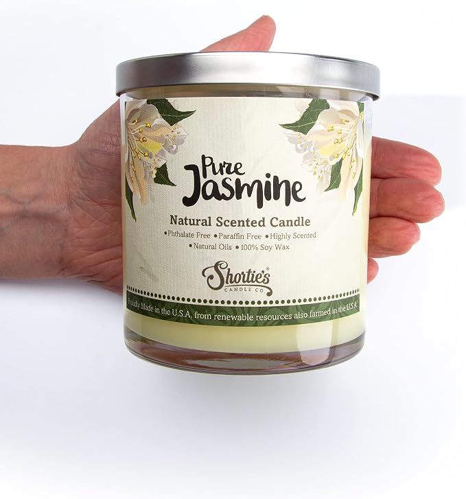 Pure Jasmine Scented Natural Soy Candle, Essential Fragrance Oils, 100% Soy, Phthalate & Paraben Free, Clean Burning, 9 Oz.