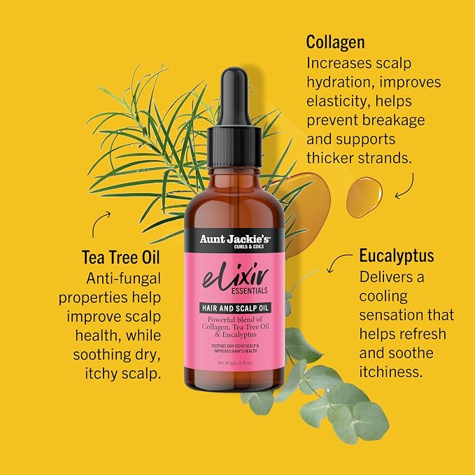 Aunt Jackie's Elixir Essentials Hair & Scalp Oil, Collagen, Tea Tree Oil & Eucalyptus, Thickens & Supports Hair Growth, 2 oz