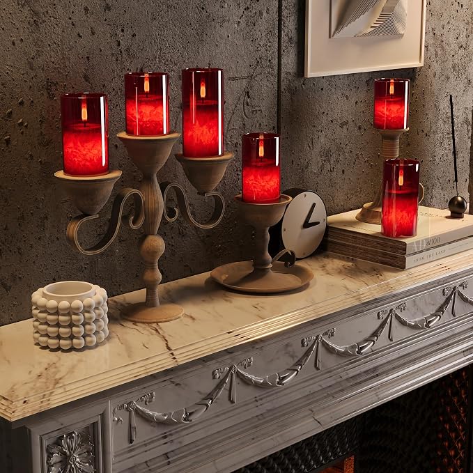 VIODAIM Ice Crystal Real Wax Glass Flameless Candles with Remote & Timer, Battery Operated Candles with Warm Flickering Flame, Realistic LED Candle for Wedding Home Decor [D3×H4/5"/6"] Red, 3Pack