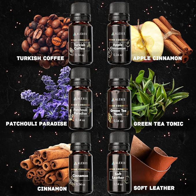Scented Oil Gift Set - Proffesional Fragrance Oils 6 Pack 10ml - Apple Cinnamon, Turkish Coffee, Patchouli Paradise, Soft Leather, Cinnamon, Green Tea Tonic