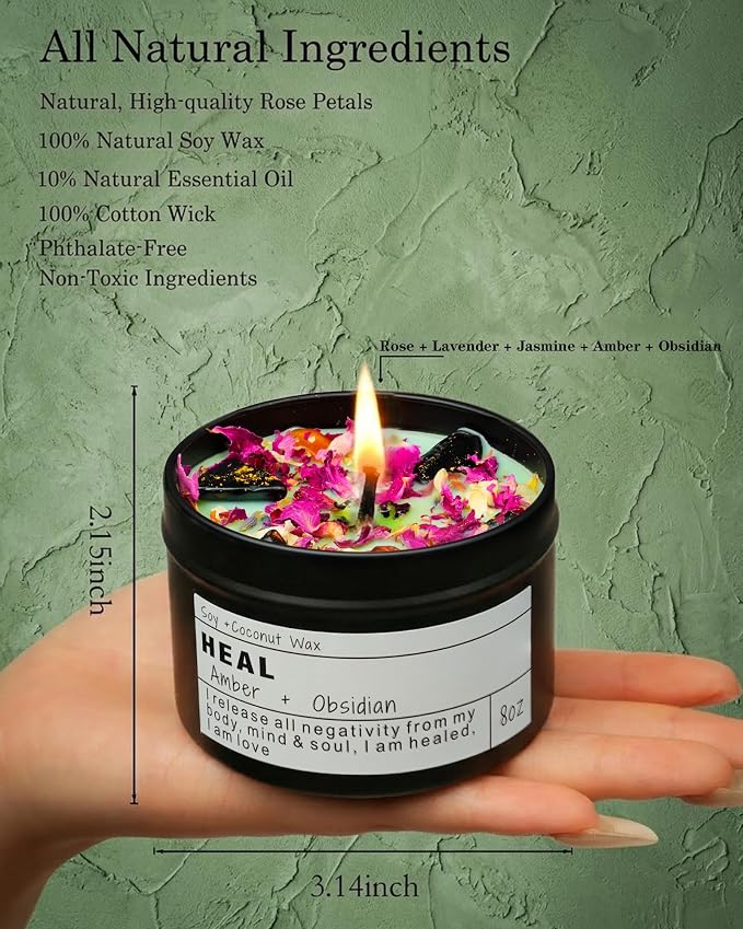 HEAL Candle Gift, Obsidian & Amber, Self Care, Comfort Gift for Her, Thinking of You, Stress Relief, Meditation Candle, (8oz)