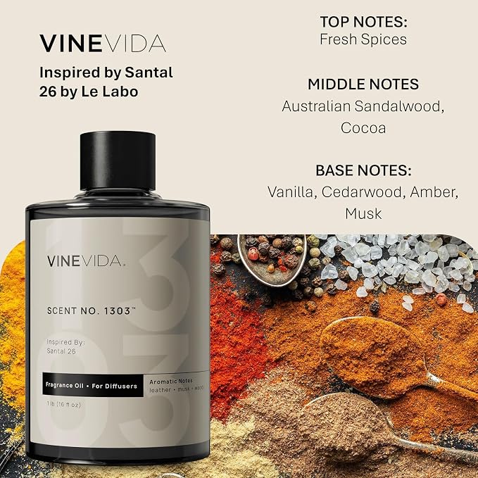 VINEVIDA [16 Fl Oz] Scent NO. 1303 Fragrance Oil for Cold Air Diffusers, Aromatic Notes of Leather Musk Sandalwood, Essential Oils for Diffuser Oil Refill & Air Freshener Room Spray