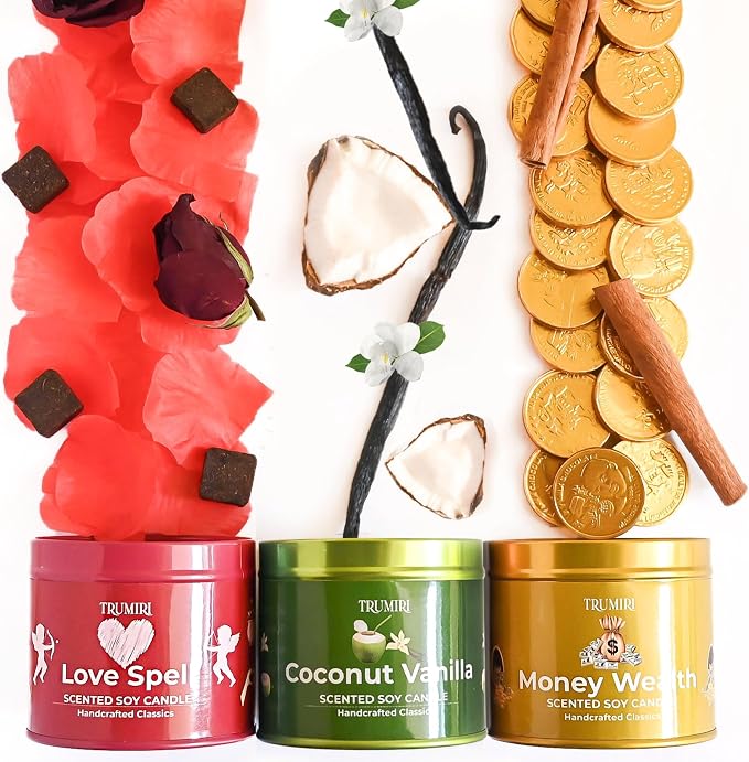 Love Spell, Money Wealth, Coconut Vanilla - Soy Candles Non Toxic - Highly Scented Long Lasting with Essential Oils - Variety Pack of 3 x 5oz - for Home Aromatherapy Meditation Gift Travel