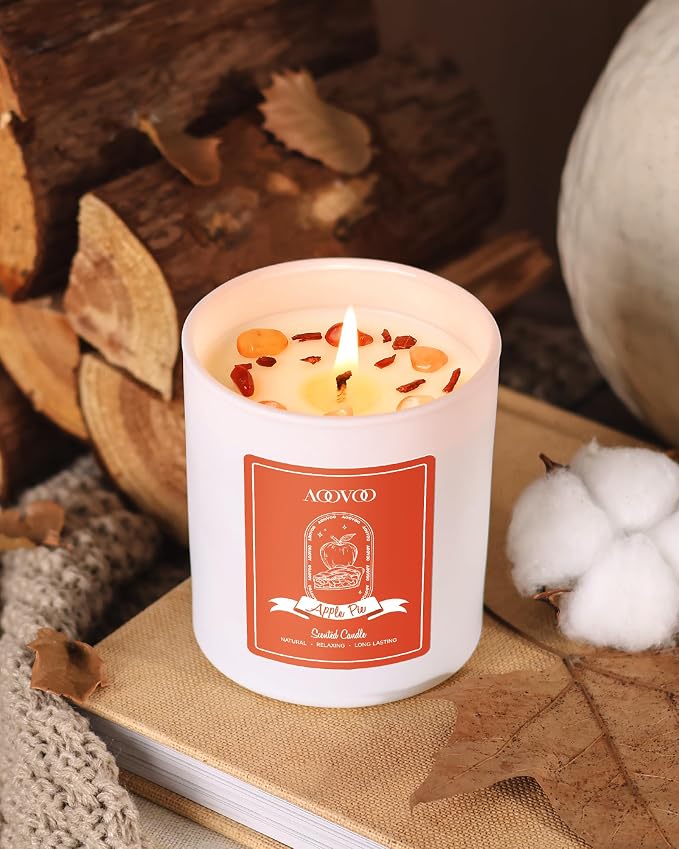 AOOVOO Apple Pie Scented Candles for Women - Aromatherapy Candle with Crystals Inside, 10oz Soy Candles for Home Scented, Birthday Gifts Valentines Day Candle for Women Mom