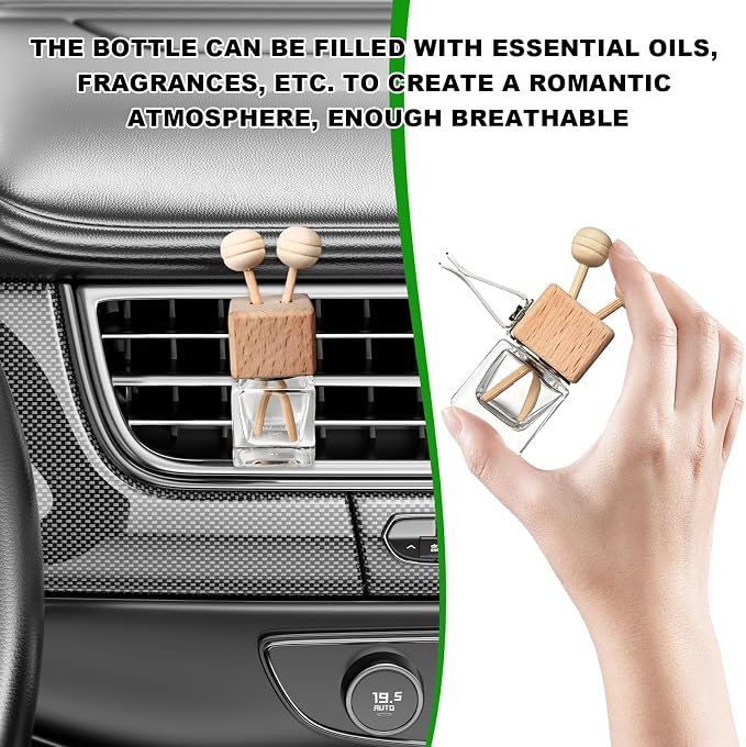2PCS Car Diffuser Air Freshener Bottle, Empty Essential Oil Perfume Glass Bottle with Vent Clip, Wooden Clear Aromatherapy Fragrance Ornament Auto Decor, Interior Car Accessories