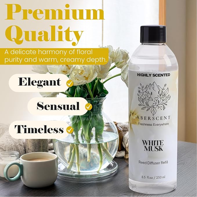 White Musk Aberscent Premium Reed Diffuser Oil Refill (8.5 Fl Oz/250ml) – Long-Lasting Fragrance Oil for Home, Office & Spa – Relaxing Scent, Luxury Hotel-Style Aroma