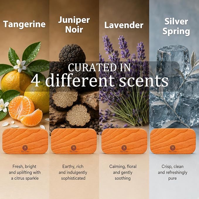 Car Air Freshener - Wood Air Freshener for Visor Clip - Long Lasting Car Odor Eliminator - Vehicle Scent Diffuser - (Tangerine - Lavender - Juniper Noir - Silver Spring, CLIP INCLUDED)