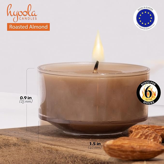 HYOOLA Scented Tealight Candles - Clear Cup - Roasted Almonds Tealight Candles Scented - 6 Hour Burn Time - 15 Pack - European Made