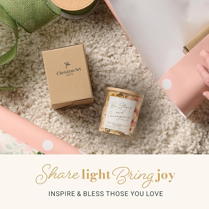 Christian Art Gifts Soy Wax Scented Candle: Joshua 1:9 Bible Verse, Eucalyptus Sandalwood Scent, Pure Essential Oils, 4.5 oz, Up to 20 Hours Burn Time, Glass Jar w/Bamboo Lid, Encouragement Gift