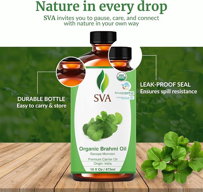 SVA Brahmi Oil Organic - 16 Fl Oz – 100% Natural Cold Pressed Organic Brahmi- for Face, Skin Care, Hair Care, Scalp Massage & Body Massage – Carrier Oil