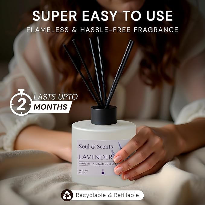 Soul & Scents Reed Diffuser Set – Lavender | 7.43 oz Refillable Scented Oil with 6 Fiber Sticks | Long-Lasting Home Fragrance & Air Freshener for Bedroom, Bathroom, Office | Gift & Décor Piece
