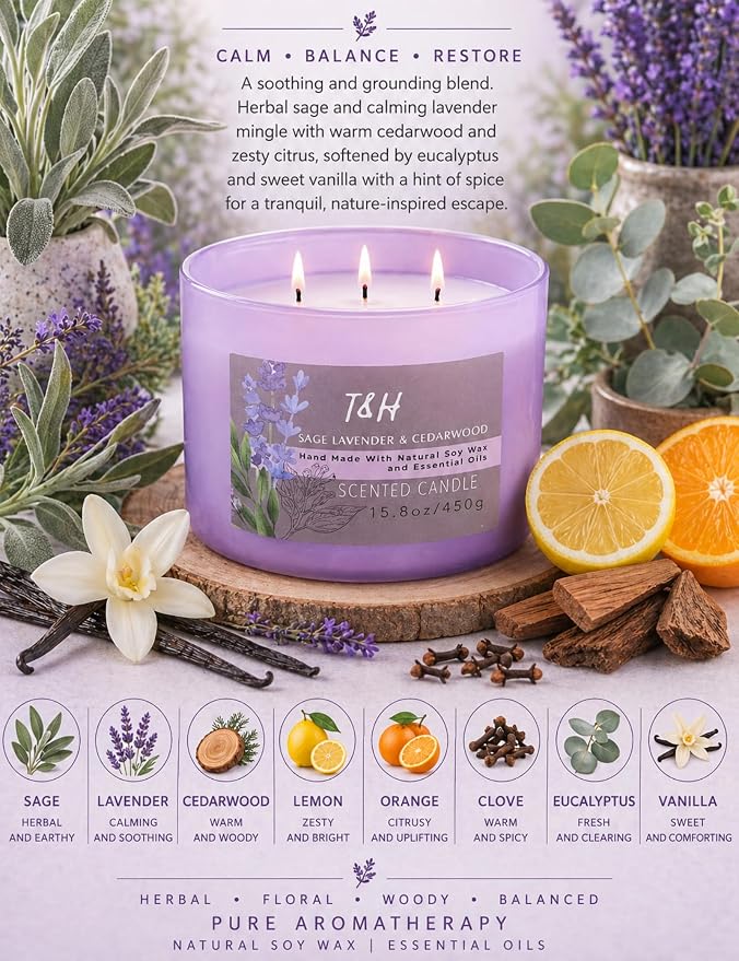 Sage Lavender Cedarwood 3-Wick Soy Candle, 15.8 oz Scented Candle for Home | Eucalyptus & Vanilla Notes, Aromatherapy Stress Relief, Highly Scented, Clean Burn, Bedroom & Bath, Gift for Women & Men