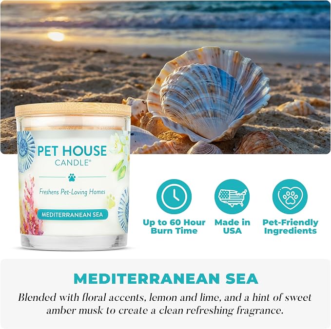 Pet House Scented Candles, 100% Plant-Based, Long Lasting Candle with a 60 Hour Burn Time, Made for Pet Odors - Mediterranean Sea