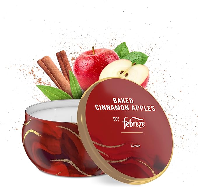 Febreze Scented Candle, Baked Cinnamon Apples Scent, 4 Wick Candle, Reusable Tin, Long Lasting Even Burn, 11oz, Single Pack