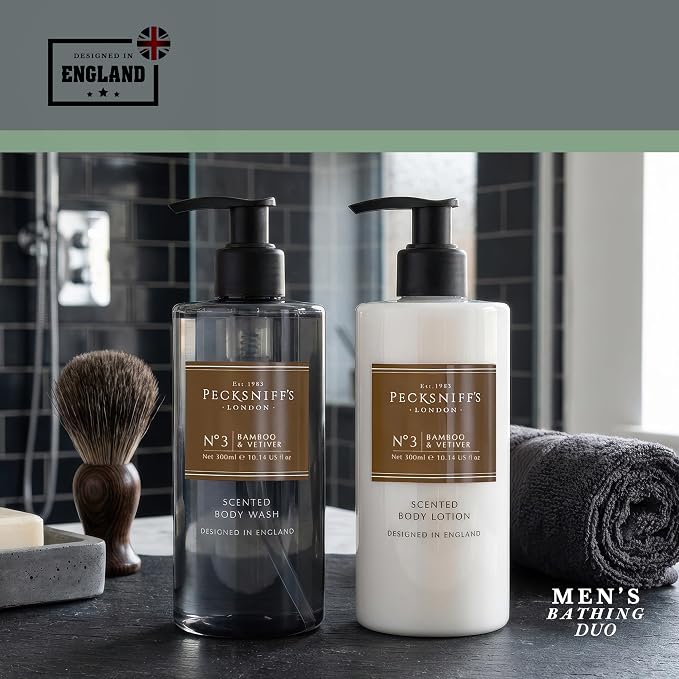 Pecksniffs Mens Bathing Duo Collection – Bamboo & Vetiver Scented Body Wash and Body Lotion Gift Set, 2 x 250ml