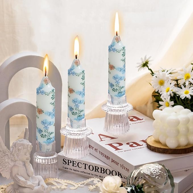 5 inch Short Candle Blue Floral Candle Sticks Printed Candlestick Handmade Unscented Taper Candle 4 Pack Blue Flower Tapered Candles for Home Dinner Wedding Holiday