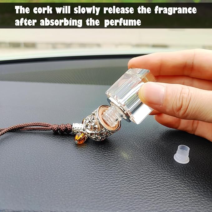 Car Air Freshener Diffuser Hanging Ornament, Diamond-Shaped Empty Crystal Bottle Car Mirror Hanging Accessories, Elegant Bottle Pendant with Wooden Caps Rear View Mirror Accessories