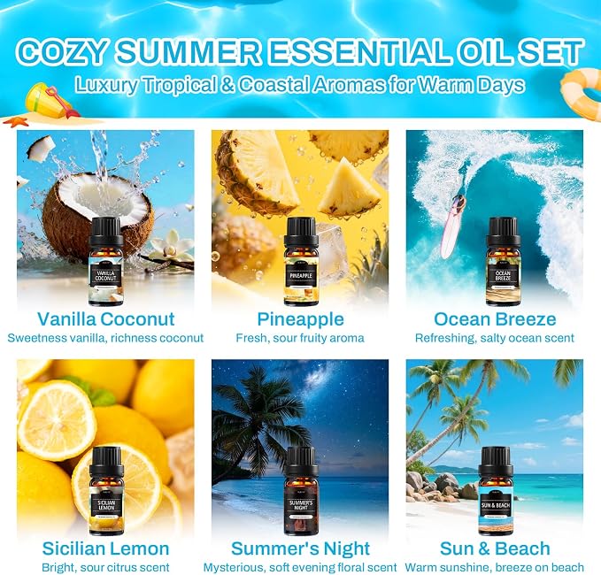 Auelife Summer Essential Oils Set for Diffuser, 6 x 10ml Tropical Essential Oils Collection for Home Fragrance, Aromatherapy & Candle Making, Coconut, Pineapple, Beach Breeze, Lemon & Summer Night