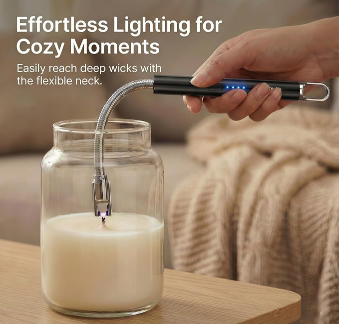 Castelar Electric Candle Lighter with Long Flexible Neck, USB Rechargeable Arc Lighter with Safety Lock for Candle, BBQ, Camping, Housewarming, and Birthday Gifts