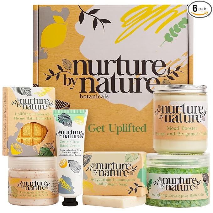 Nurture by Nature RELAX & UPLIFT Spa Kit for Women – Birthday Gifts for Women – 6 Piece Gift Basket with Hand Soap, Body Scrub, Hand Cream & More - Vegan Self Care Kit - Relaxation Gifts for Her
