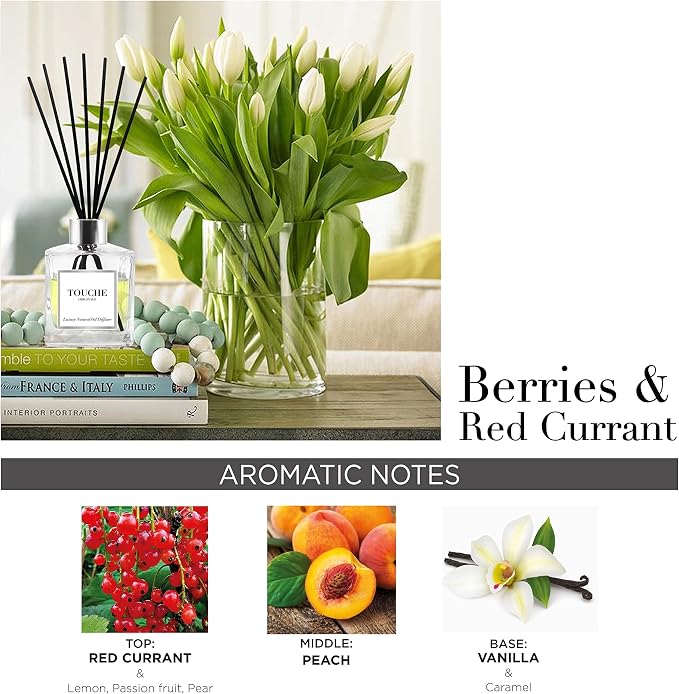 Touche Luxury Natural Reed Diffuser. Long Lasting Scented Home Fragrance. Natural Essential Oil Alcohol-Free. 4.75 OZ. Glass Bottle (Red Currant & Berries - Clear Bottle)