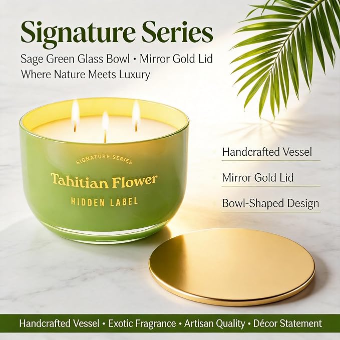 Hidden Label Tahitian Flower Scented Candles, 3 Wick Aromatherapy Soy Candle, 18oz/70-Hour Burn, Non Toxic Natural Green Candle, Luxury Home Scent & Décor Gift for Women and Men