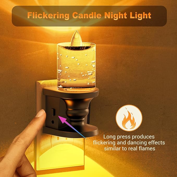 JandCase Night Light, Candle Amber Night Lights Plug into Wall, Flameless Flickering Candle Nightlight, 0-100LM Dimmable LED Nightlights, Dusk to Dawn Sensor Decorative nite light for Bathroom, 1 Pack