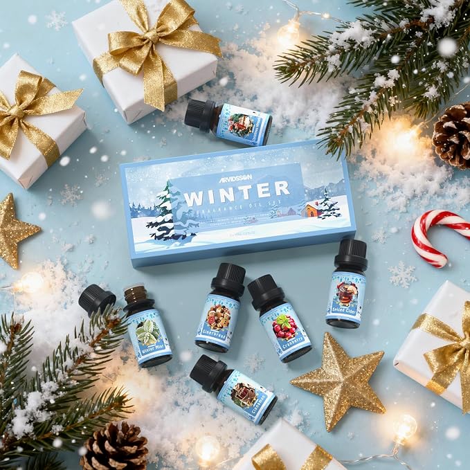 ARVIDSSON Winter Essential Oils Set, Holiday Fragrance Oil for Diffuser， Candle Making - Cinnamon, Christmas Wreath, Apple Cider, Gingerbread, Cranberry, Winter Mint Scented Oils for Home