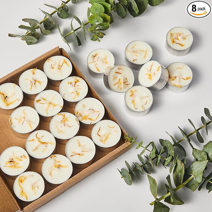 Crenovo 8 Pcs Tea Lights Candles with Dried Vanilla Flowers, Scented Tealight Candles Soy, 6-7 Hours Burning Candles Bulk for Weddings,Small Tea Light for Home, Spa