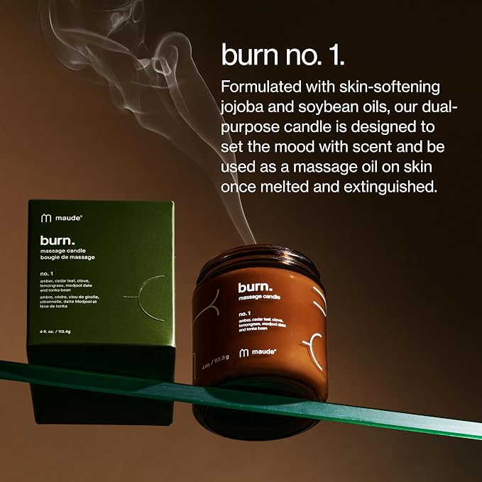 Maude Burn, Corner Office (No. 1) - Hydrating + Skin-Softening Soybean + Jojoba Oil Massage Candle - Soothing Massage Oil, Notes of Amber, Lemongrass + Tonka Bean - Relaxing Self Care Gifts (4 oz)