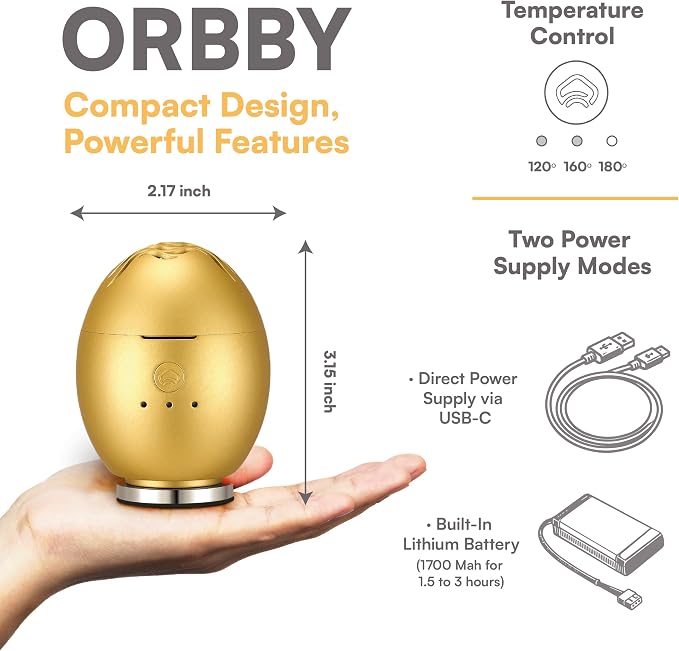 Orbby Scent Diffuser Starter Kit | Small Portable Desk Diffuser for Office: Electric Incense Burner, Rechargeable Cordless Pet Safe, Odor Eliminator – Flameless (Gold, Includes Pellets)