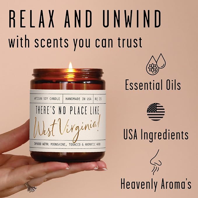 West Virginia Gifts, West Virginia Decor for Home - 'There's No Place Like West Virginia Candle, w/Tobacco, Vanilla & Bourbon I West Virginia Souvenirs State Gifts I 9oz Jar, 50Hr Burn, USA Made
