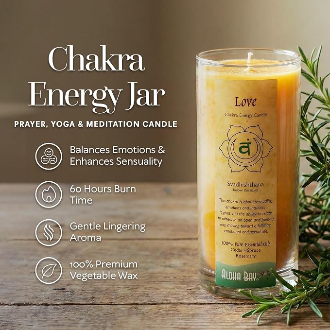 Premium Scented Candle Hand Made Chakra Energy Jar | 11 Oz Jar | Love, Svadhishtana| Yoga, Prayer & Meditation Candle | Long Burn 60 Hours | Essential Oils of Cedar, Spruce & Rosemary | Aloha Bay