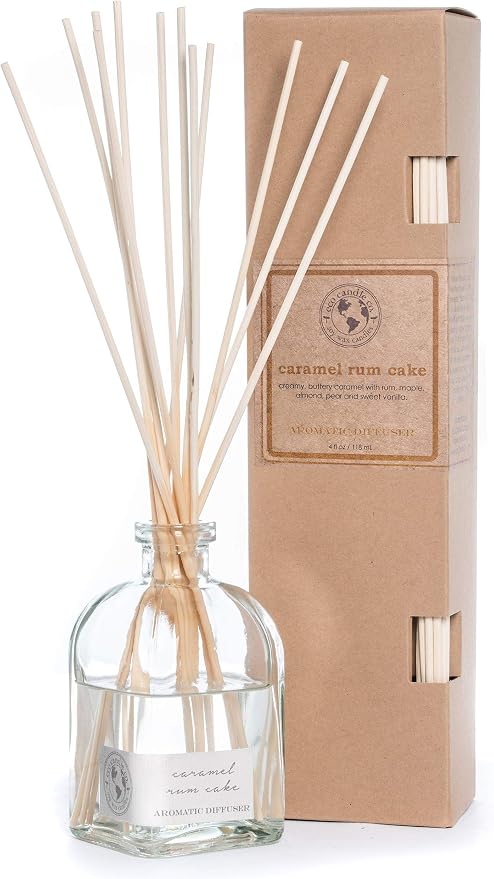 ECO CANDLE CO. Reed Diffuser Set, Caramel Rum Cake, 4 oz. - Scents of Caramel, Rum, Maple, Almond, Pear, & Vanilla - Premium Fragrance and Essential Oil Blends, Clear Glass, 12 Reeds, Recycled Box