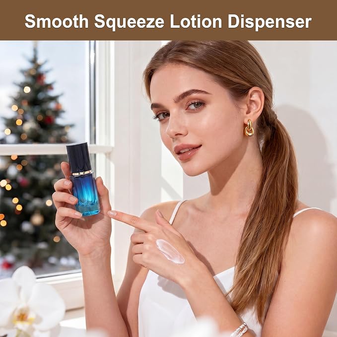 1oz Travel Pump Bottle, 30ml Gradient Glass Liquid Dispensing Bottle with 3 Transfer Tools, Leak-Proof Small Refillable Makeup Containers for Toiletries, Lotion, Essential Oils (Black-Blue Gradient)
