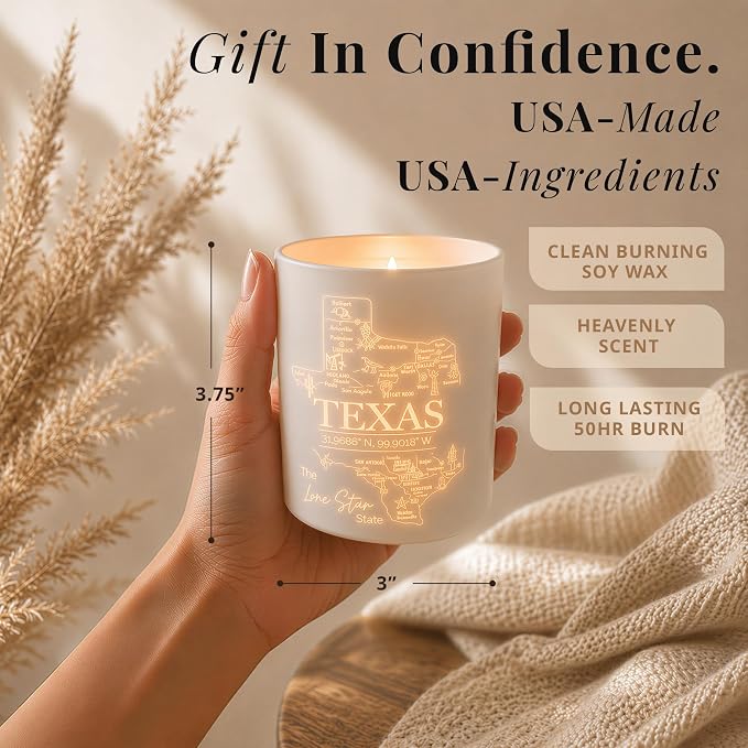 Texas Gifts Glow-Through Engraved Candle w/Teakwood, Tobacco & Rich Leather I Texas Decor for Home I Texas Souvenirs I Texas State Gifts I 9oz Jar, 50Hr Burn, USA Made