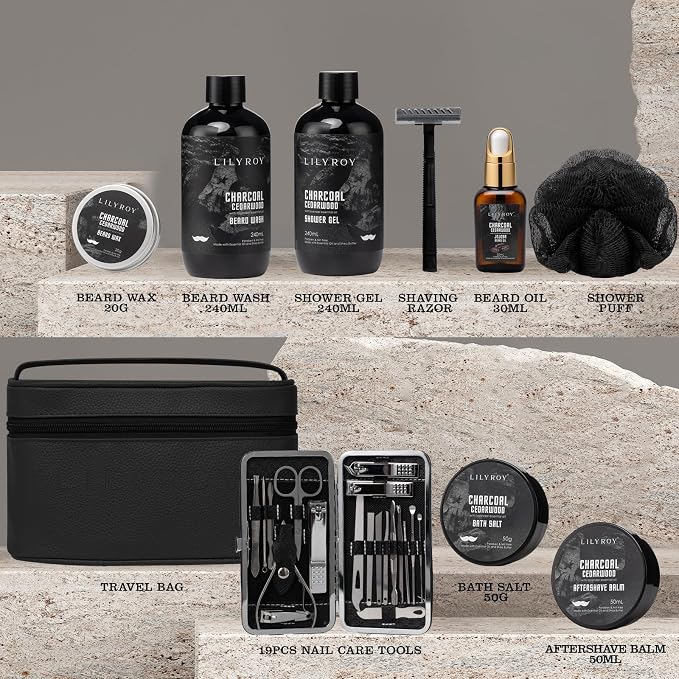 Fathers Day Gifts for Men - Bath and Beard Gift Set for Men, Bath & Body Care Kit for Him with Travel Bag | Gifts for Valentines Day, Christmas, Birthday, Spa Kit Travel Bag Gift for Dad
