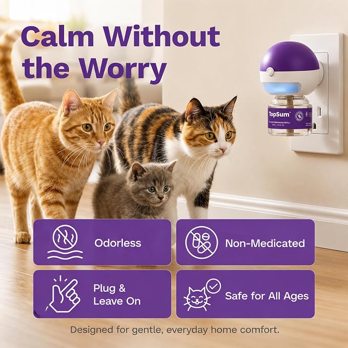 TopSum Cat Calming Pheromone Diffuser: Feline Pheromones Plug in for Stress, Alone At Home, Spraying, Fighting, Scratching, Aggression & Excessive Meowing (Purple–1 Diffuser+3 Refills)