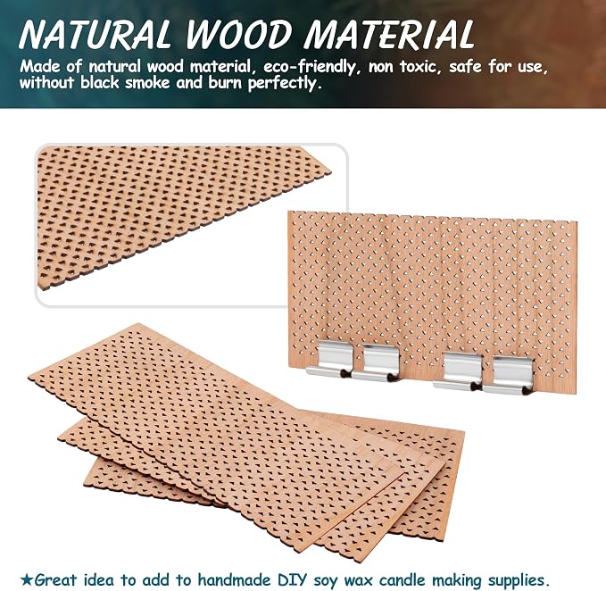 4 Set Large Wood Candle Wick Grid Design Large Wooden Wick 3.9x2.0inch / 100x50mm (Width*Height), Natural Crackling Wood Wick Core with Iron Stands for Soy Candle Making Candles Supplies