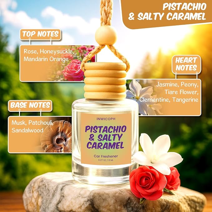 Premium Car Air Freshener Diffuser Set (2 Pack) - Pistachio & Salty Caramel Fragrance Oil, 45+ Day Long-Lasting Hanging Auto Freshener