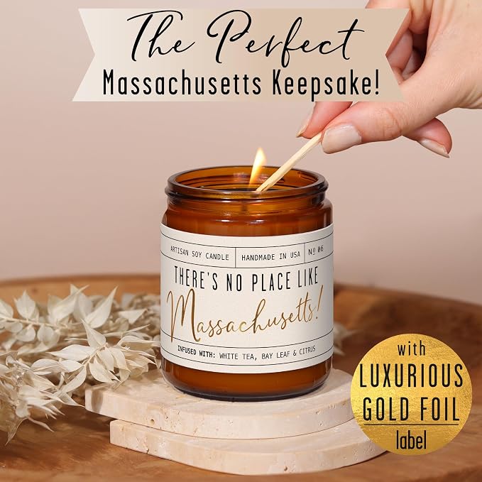 Massachusetts Gifts, Massachusetts Decor for Home - 'There's No Place Like Massachusetts Candle, w/White Tea, Bay Leaf & Citrus I Massachusetts Souvenirs State Gifts I 9oz Jar, 50Hr Burn, USA Made