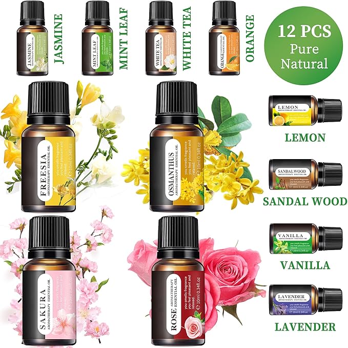 Essential Oils Set, 12 Scents, 10 ML Bottles, Lavender, Lemon, Rose, Jasmine, Vanilla, Sandalwood and More, for Humidifiers, Diffusers, Aromatherapy